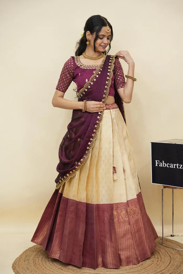 Beautiful South Indian Style Half Saree with Embroidery Work and Beads Work Blouse and Dupatta for Women | Reet KV