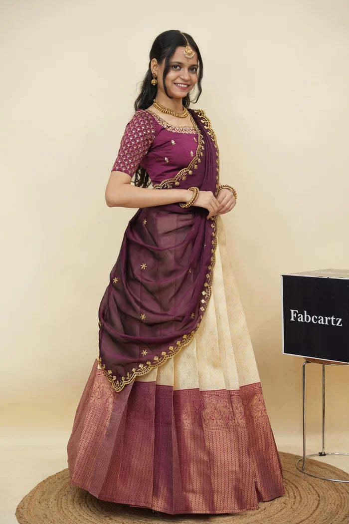 Beautiful South Indian Style Half Saree with Embroidery Work and Beads Work Blouse and Dupatta for Women | Reet KV