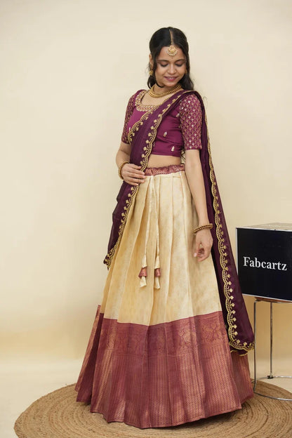 Beautiful South Indian Style Half Saree with Embroidery Work and Beads Work Blouse and Dupatta for Women | Reet KV