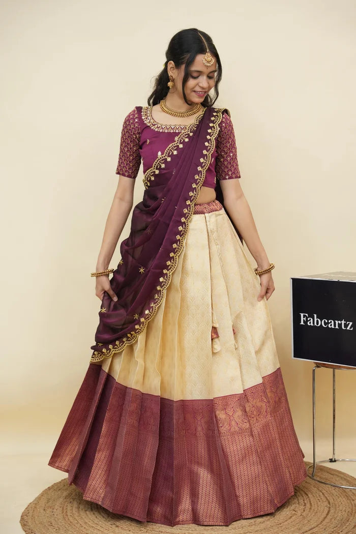 Beautiful South Indian Style Half Saree with Embroidery Work and Beads Work Blouse and Dupatta for Women | Reet KV