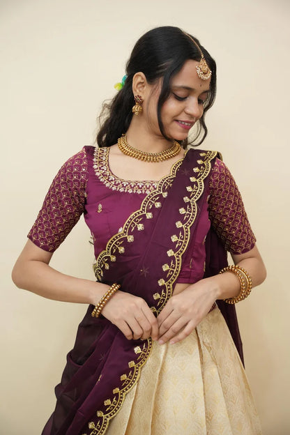 Beautiful South Indian Style Half Saree with Embroidery Work and Beads Work Blouse and Dupatta for Women | Reet KV