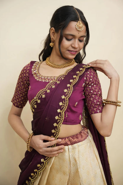 Beautiful South Indian Style Half Saree with Embroidery Work and Beads Work Blouse and Dupatta for Women | Reet KV