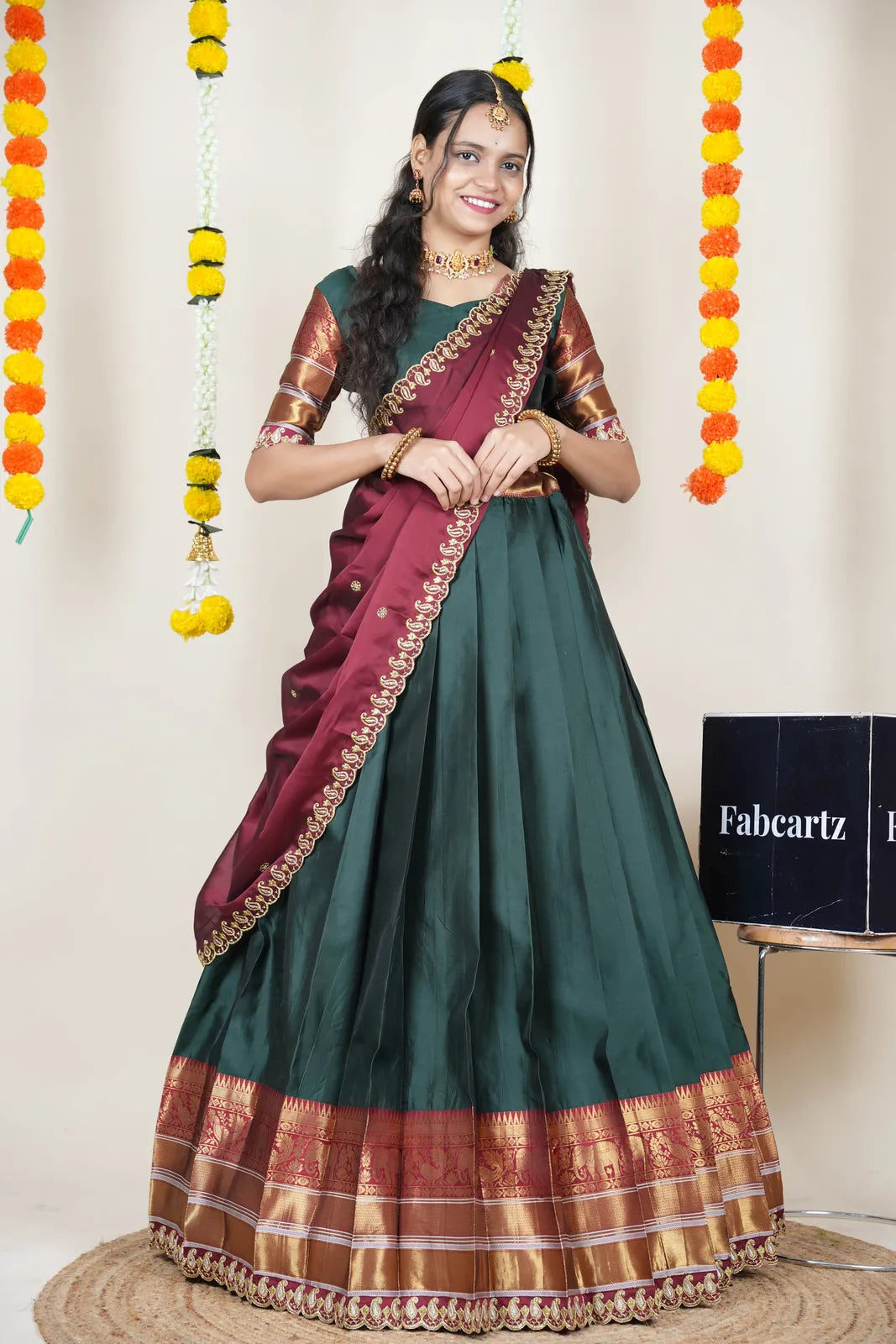 (Sharvika) Women's Woven Design Half Saree with Embroidered Blouse and Dupatta