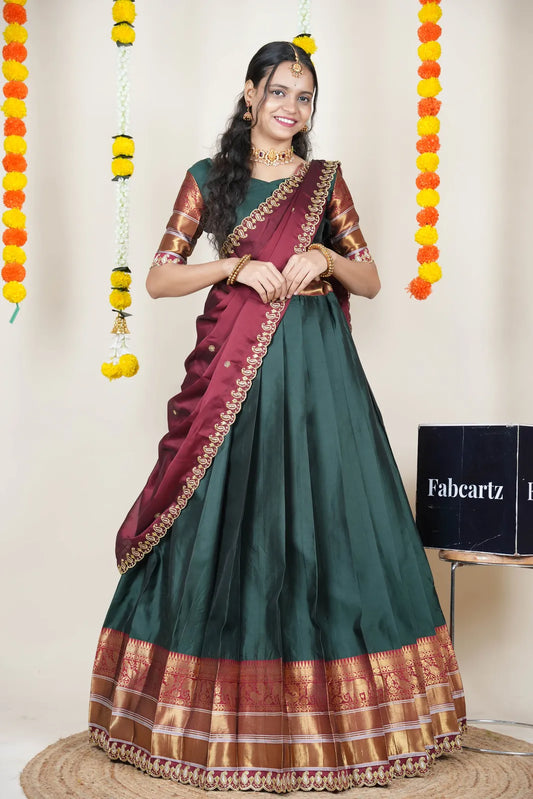 (Sharvika) Women's Woven Design Half Saree with Embroidered Blouse and Dupatta