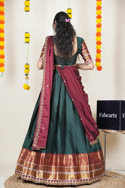 (Sharvika) Women's Woven Design Half Saree with Embroidered Blouse and Dupatta