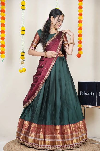 (Sharvika) Women's Woven Design Half Saree with Embroidered Blouse and Dupatta