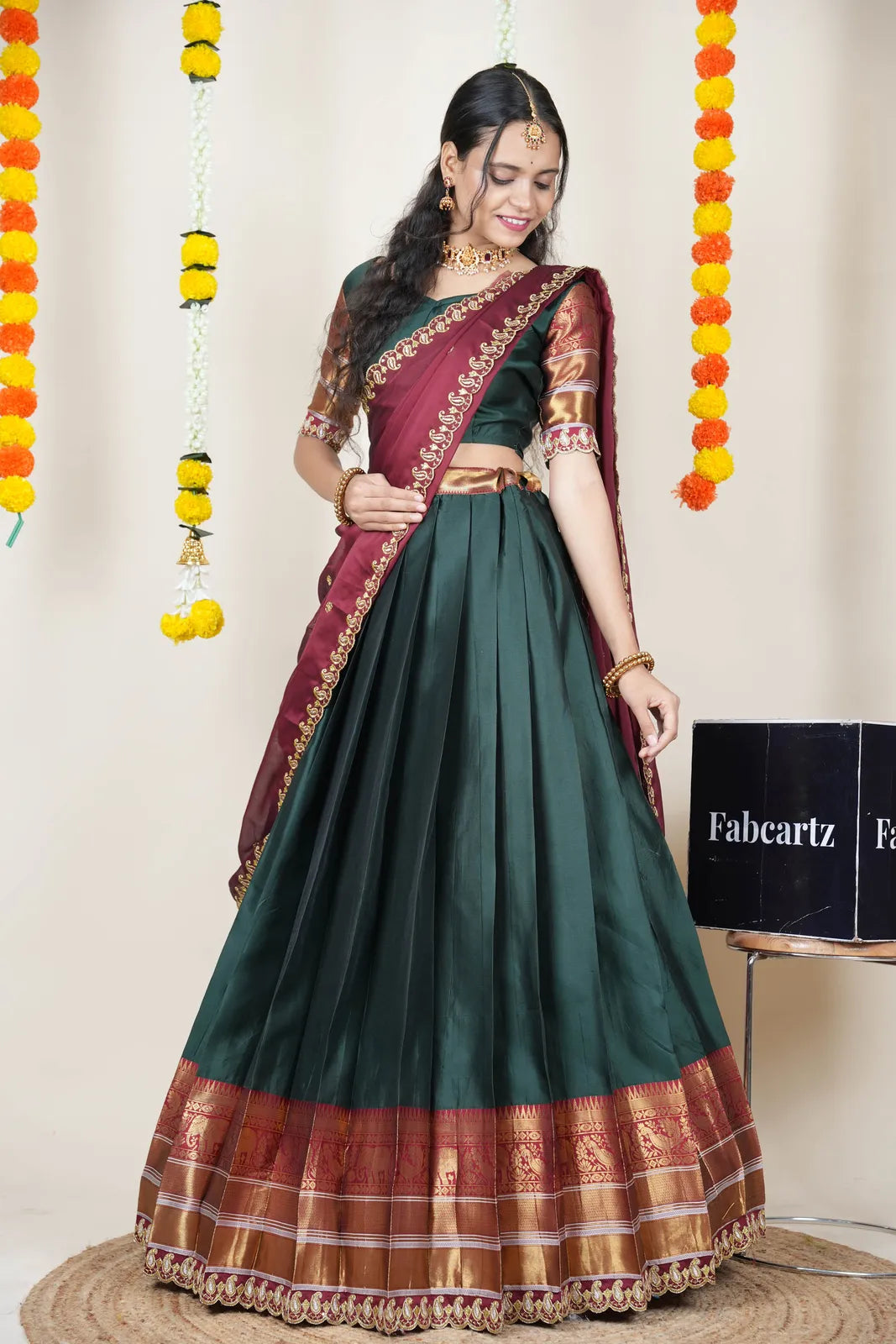 (Sharvika) Women's Woven Design Half Saree with Embroidered Blouse and Dupatta