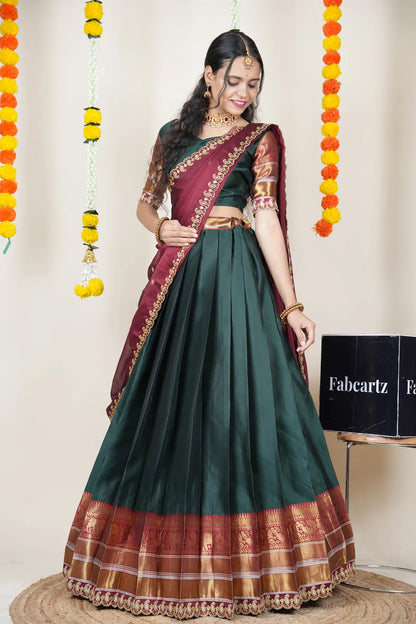 (Sharvika) Women's Woven Design Half Saree with Embroidered Blouse and Dupatta