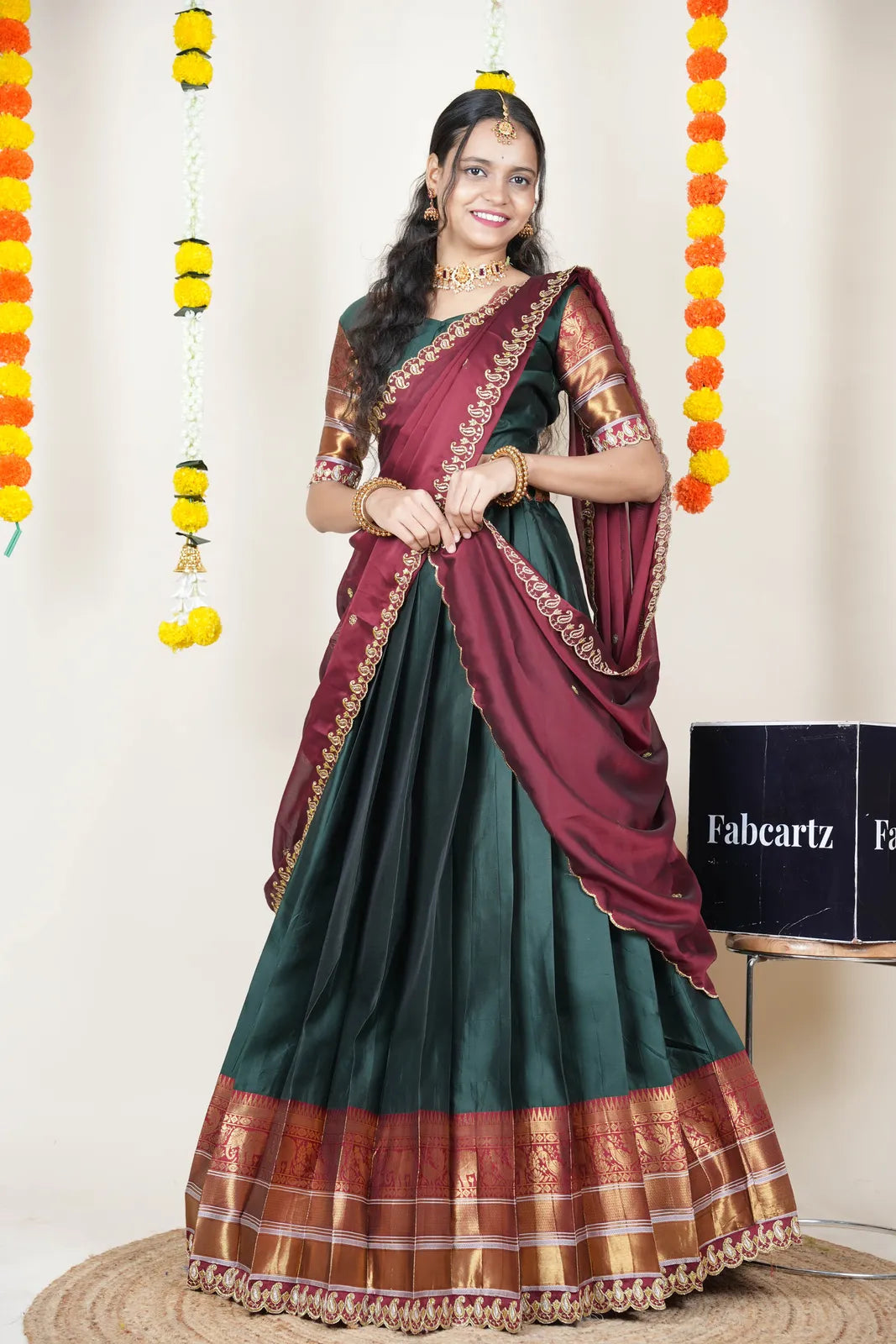 (Sharvika) Women's Woven Design Half Saree with Embroidered Blouse and Dupatta