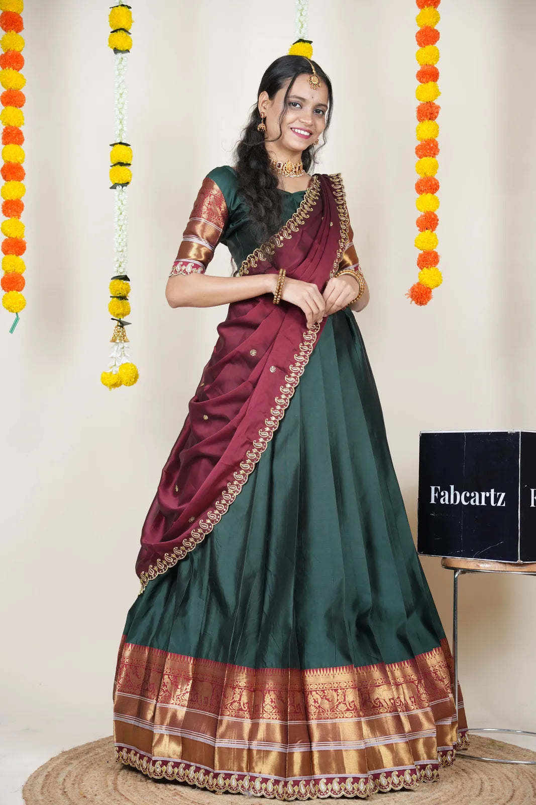 (Sharvika) Women's Woven Design Half Saree with Embroidered Blouse and Dupatta