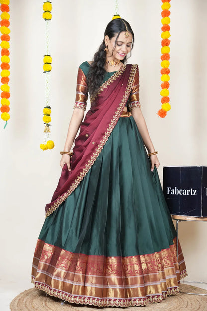 (Sharvika) Women's Woven Design Half Saree with Embroidered Blouse and Dupatta