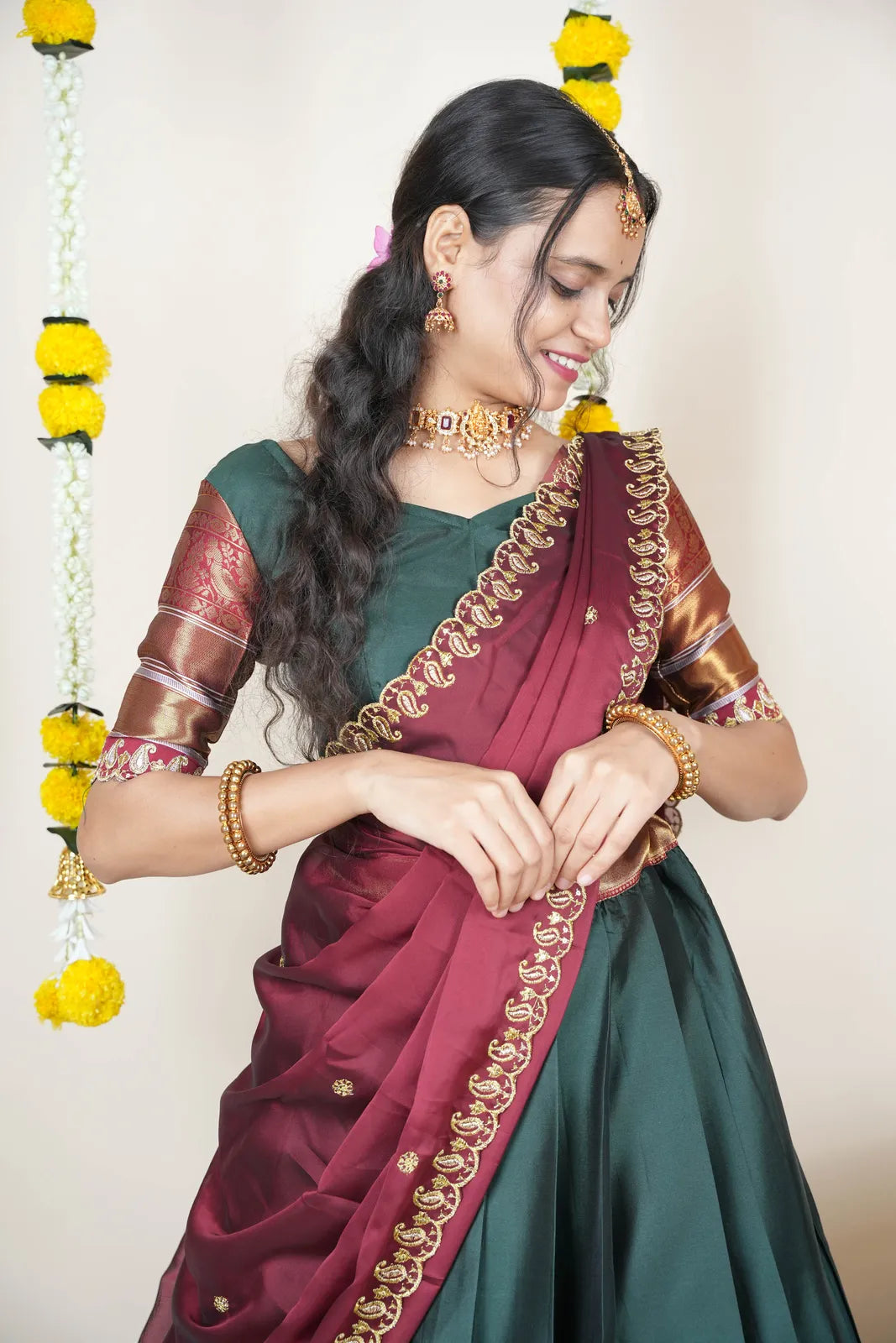 (Sharvika) Women's Woven Design Half Saree with Embroidered Blouse and Dupatta