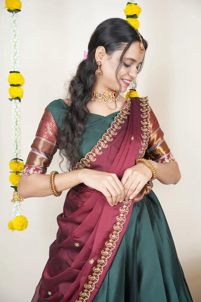 (Sharvika) Women's Woven Design Half Saree with Embroidered Blouse and Dupatta