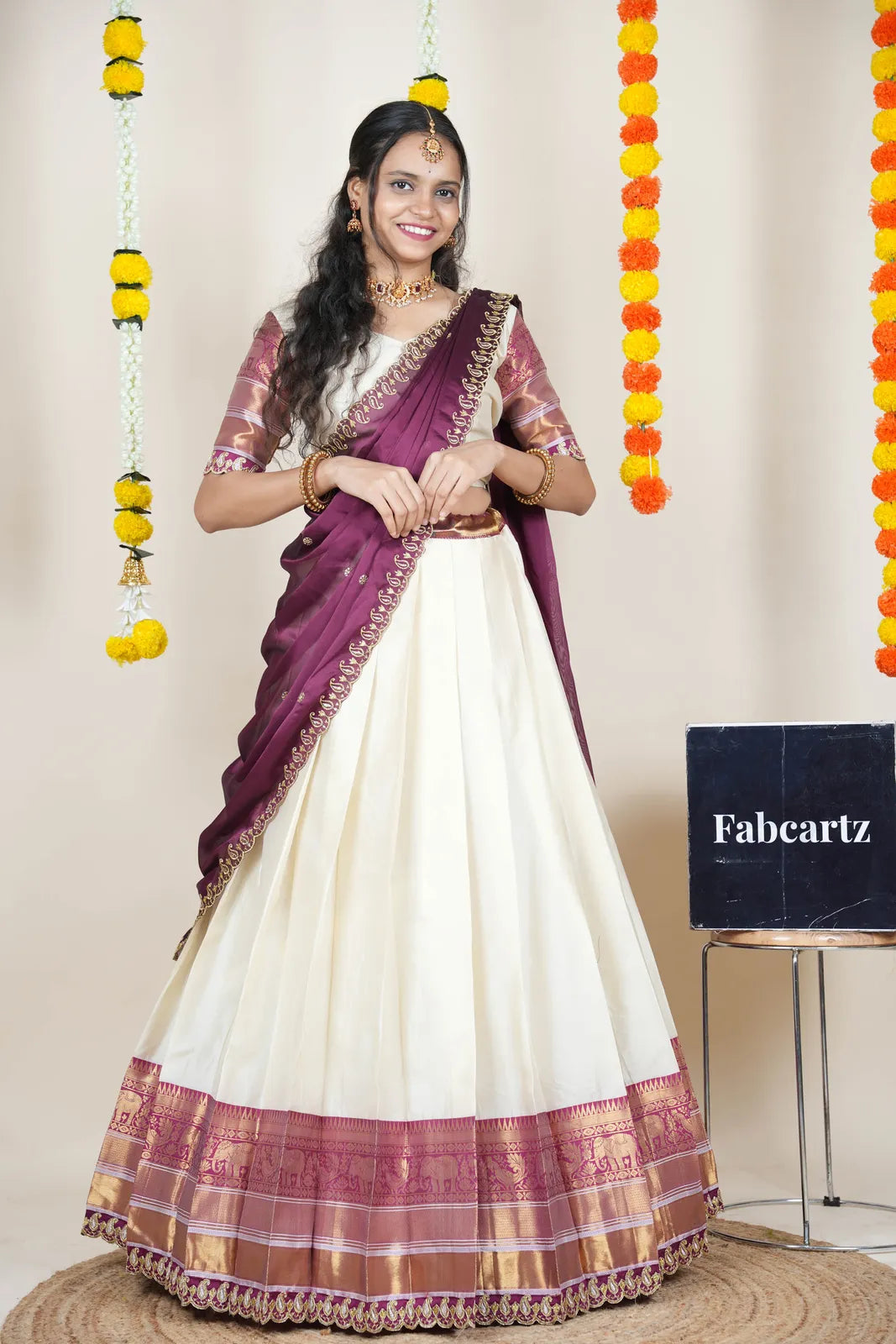 (Sharvika) Women's Woven Design Half Saree with Embroidered Blouse and Dupatta
