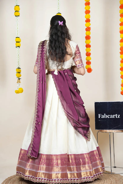 (Sharvika) Women's Woven Design Half Saree with Embroidered Blouse and Dupatta