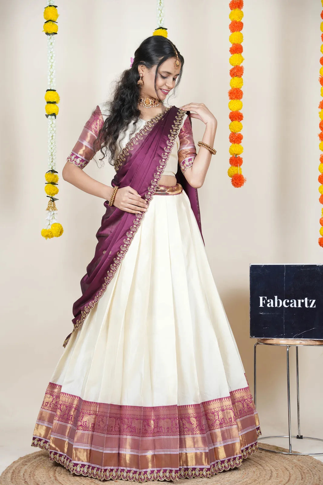 (Sharvika) Women's Woven Design Half Saree with Embroidered Blouse and Dupatta
