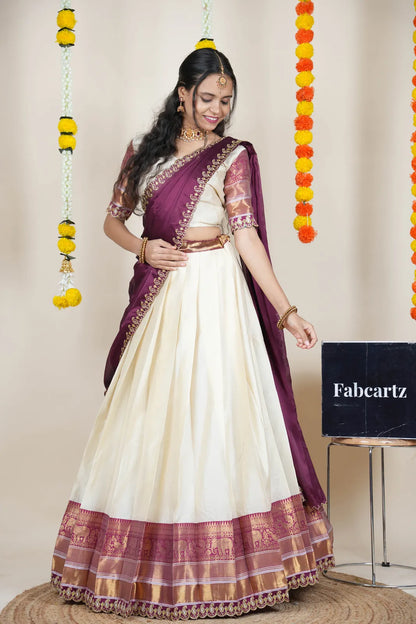(Sharvika) Women's Woven Design Half Saree with Embroidered Blouse and Dupatta