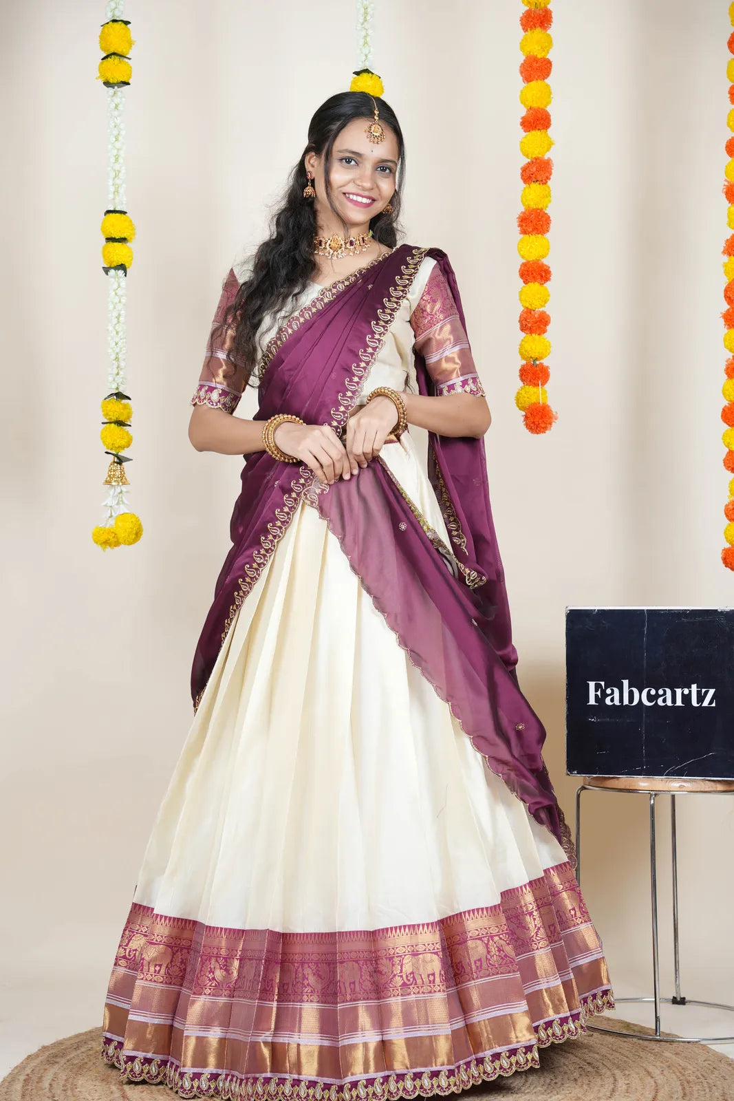 (Sharvika) Women's Woven Design Half Saree with Embroidered Blouse and Dupatta