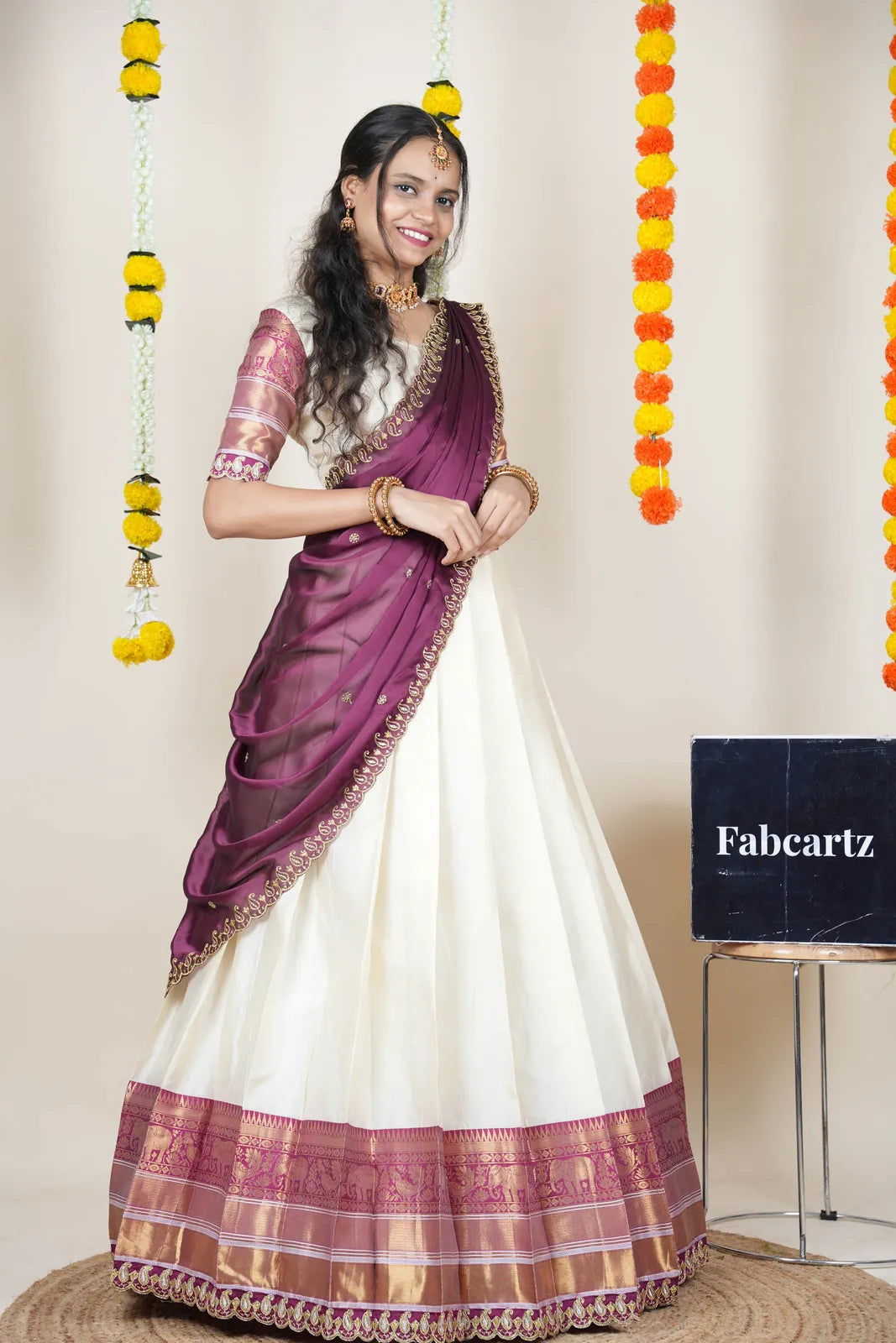 (Sharvika) Women's Woven Design Half Saree with Embroidered Blouse and Dupatta