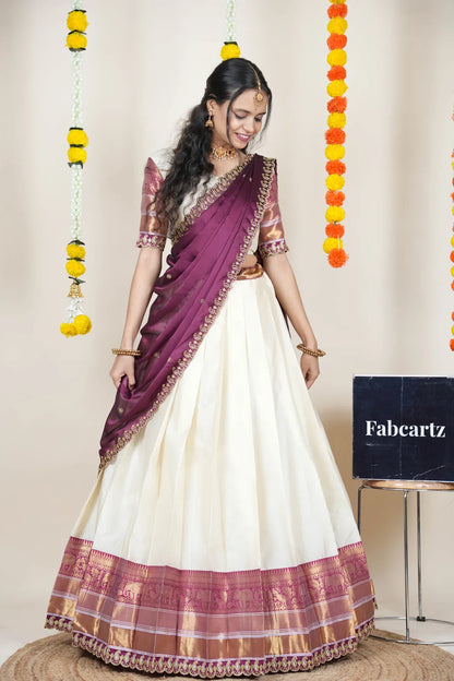 (Sharvika) Women's Woven Design Half Saree with Embroidered Blouse and Dupatta