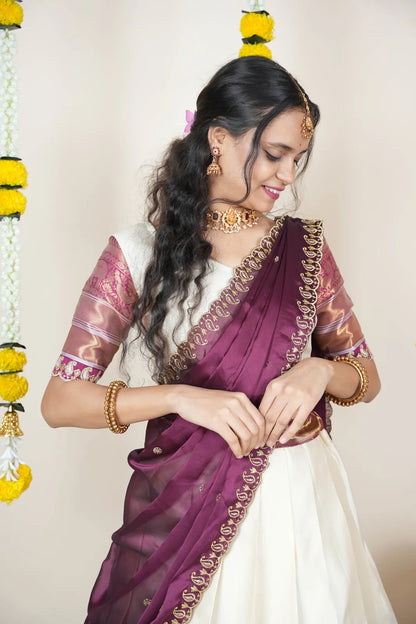 (Sharvika) Women's Woven Design Half Saree with Embroidered Blouse and Dupatta