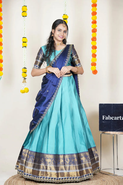 (Sharvika) Women's Woven Design Half Saree with Embroidered Blouse and Dupatta