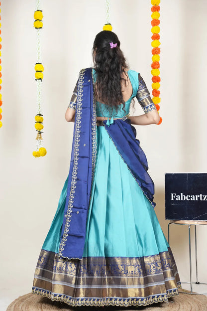 (Sharvika) Women's Woven Design Half Saree with Embroidered Blouse and Dupatta