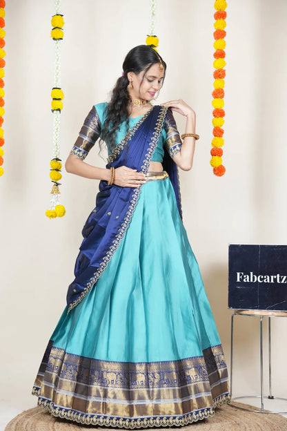 (Sharvika) Women's Woven Design Half Saree with Embroidered Blouse and Dupatta