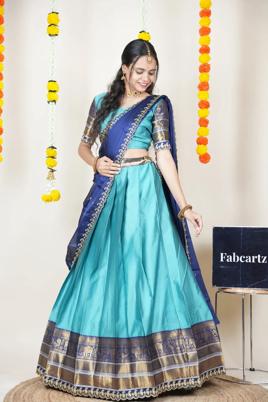 (Sharvika) Women's Woven Design Half Saree with Embroidered Blouse and Dupatta