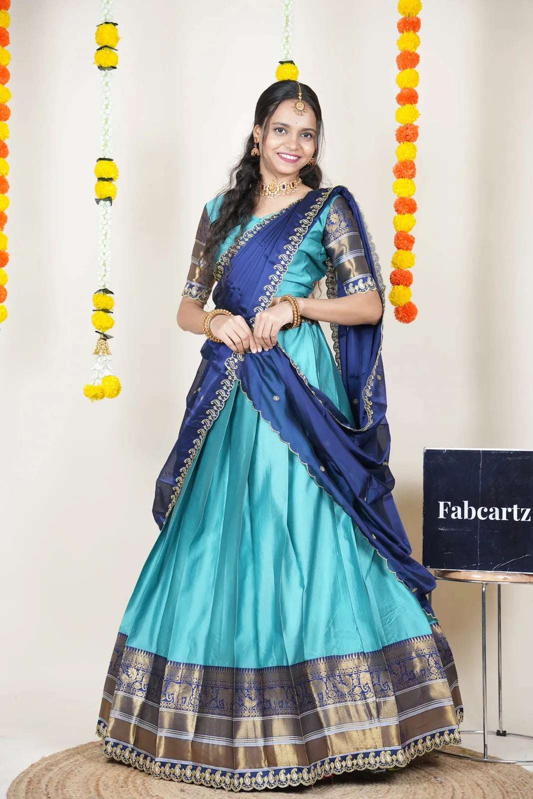 (Sharvika) Women's Woven Design Half Saree with Embroidered Blouse and Dupatta