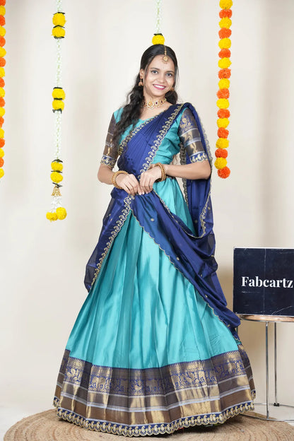 (Sharvika) Women's Woven Design Half Saree with Embroidered Blouse and Dupatta