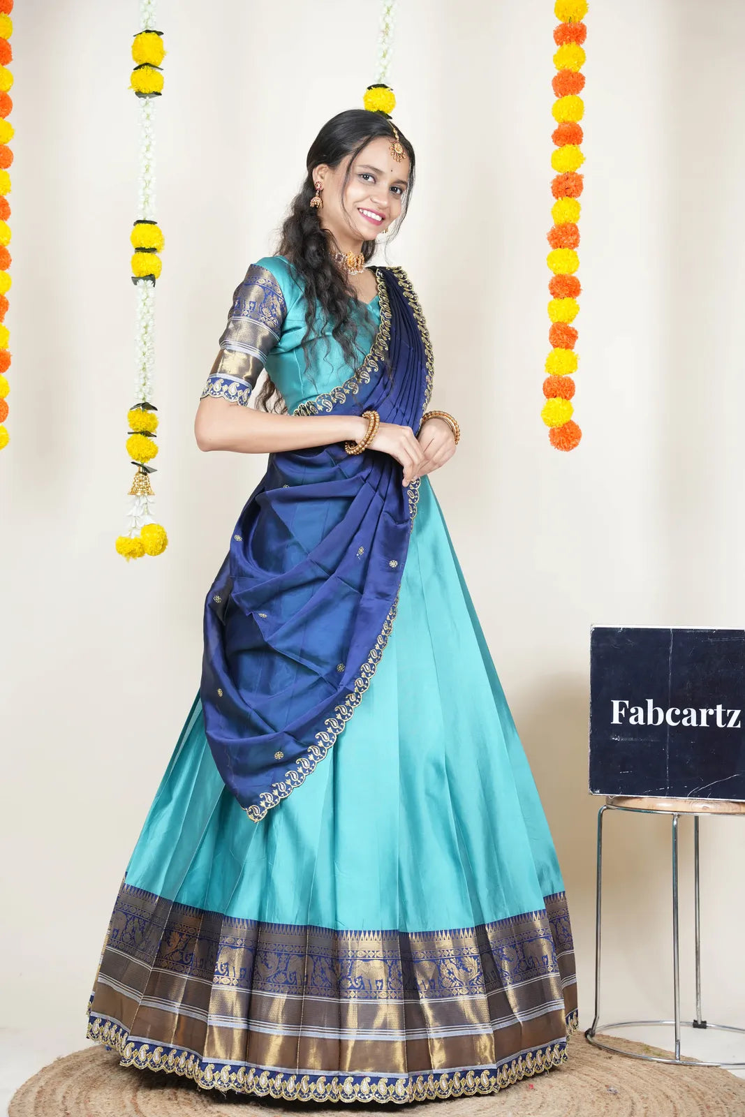(Sharvika) Women's Woven Design Half Saree with Embroidered Blouse and Dupatta