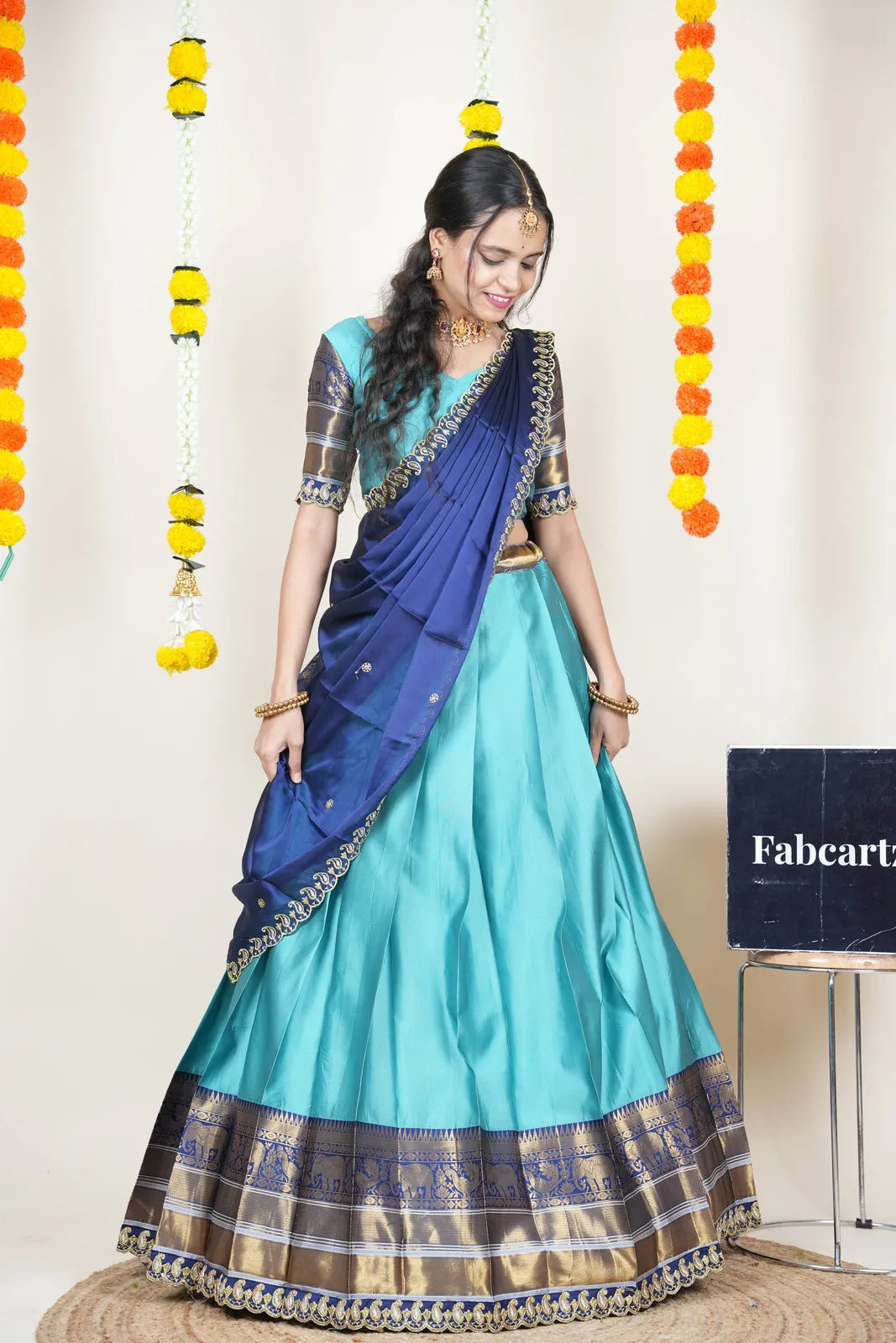 (Sharvika) Women's Woven Design Half Saree with Embroidered Blouse and Dupatta