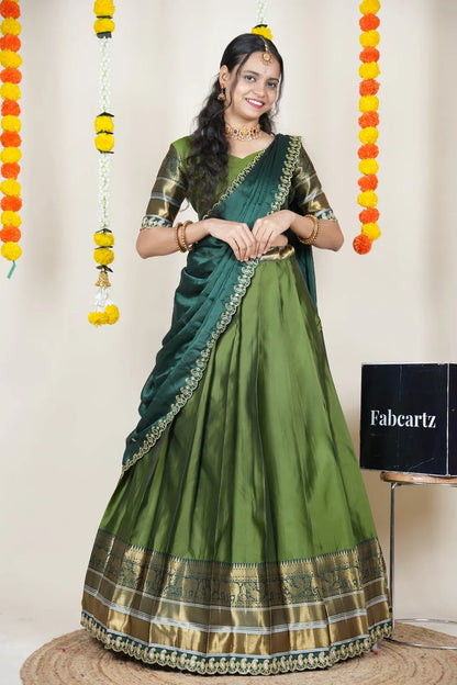 (Sharvika) Women's Woven Design Half Saree with Embroidered Blouse and Dupatta