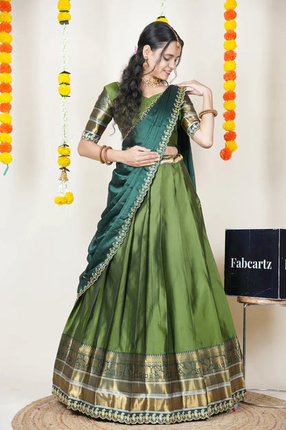 (Sharvika) Women's Woven Design Half Saree with Embroidered Blouse and Dupatta