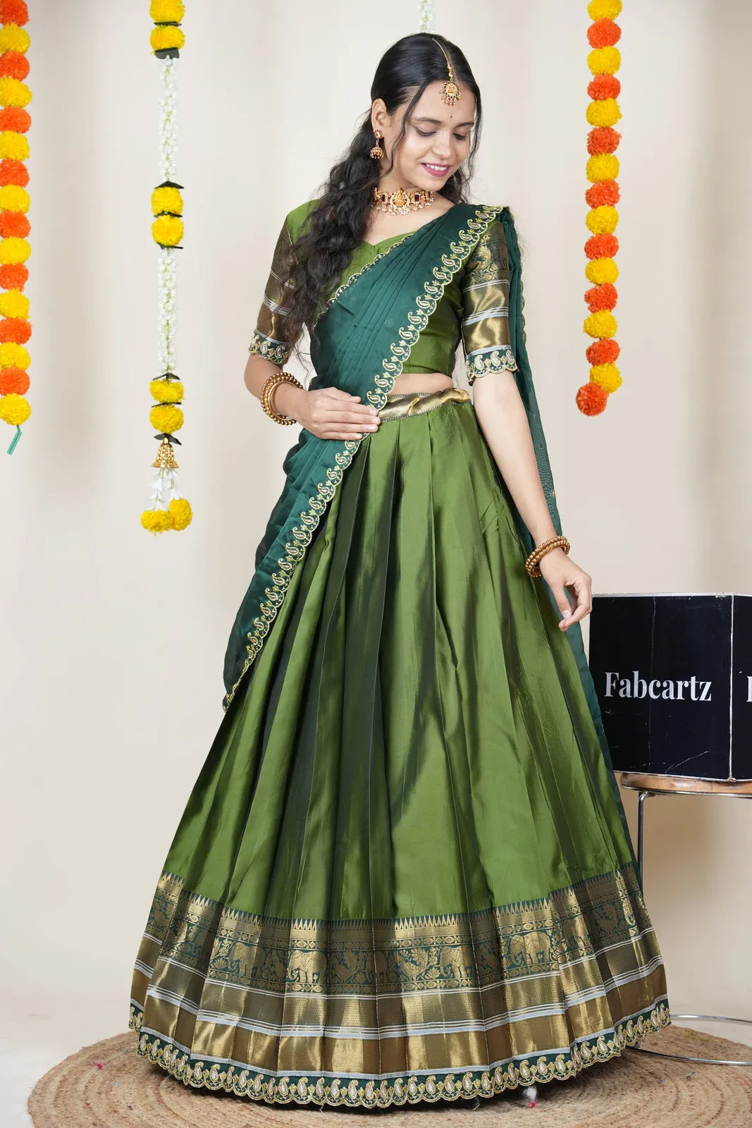 (Sharvika) Women's Woven Design Half Saree with Embroidered Blouse and Dupatta