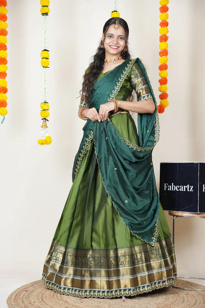 (Sharvika) Women's Woven Design Half Saree with Embroidered Blouse and Dupatta