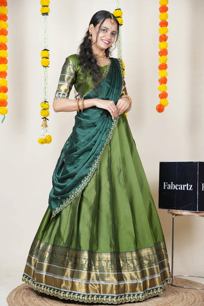 (Sharvika) Women's Woven Design Half Saree with Embroidered Blouse and Dupatta