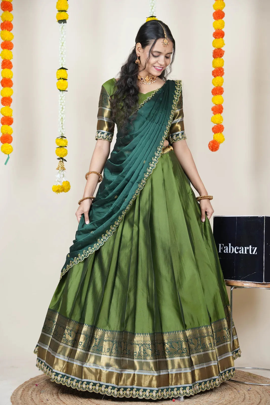 (Sharvika) Women's Woven Design Half Saree with Embroidered Blouse and Dupatta