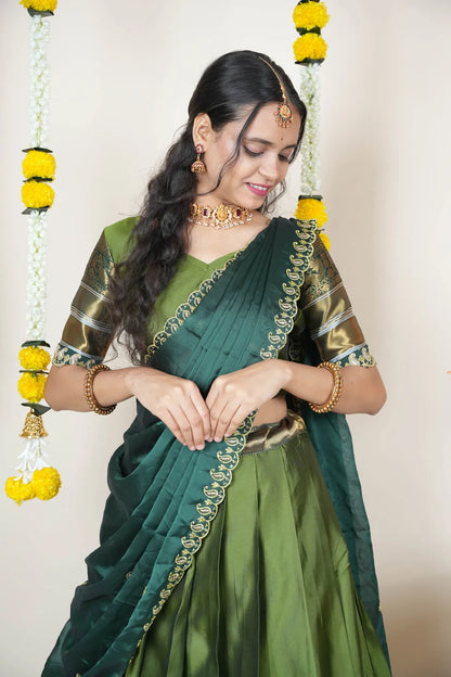 (Sharvika) Women's Woven Design Half Saree with Embroidered Blouse and Dupatta