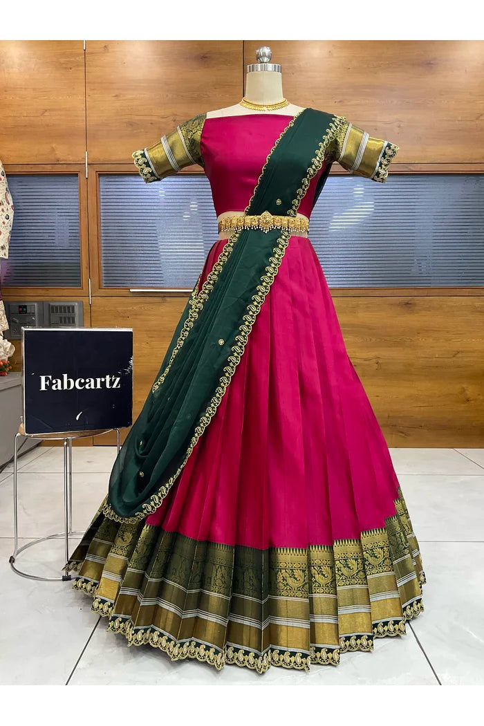 Sharvika Women's Woven Design Half Saree with Embroidered Blouse and Dupatta