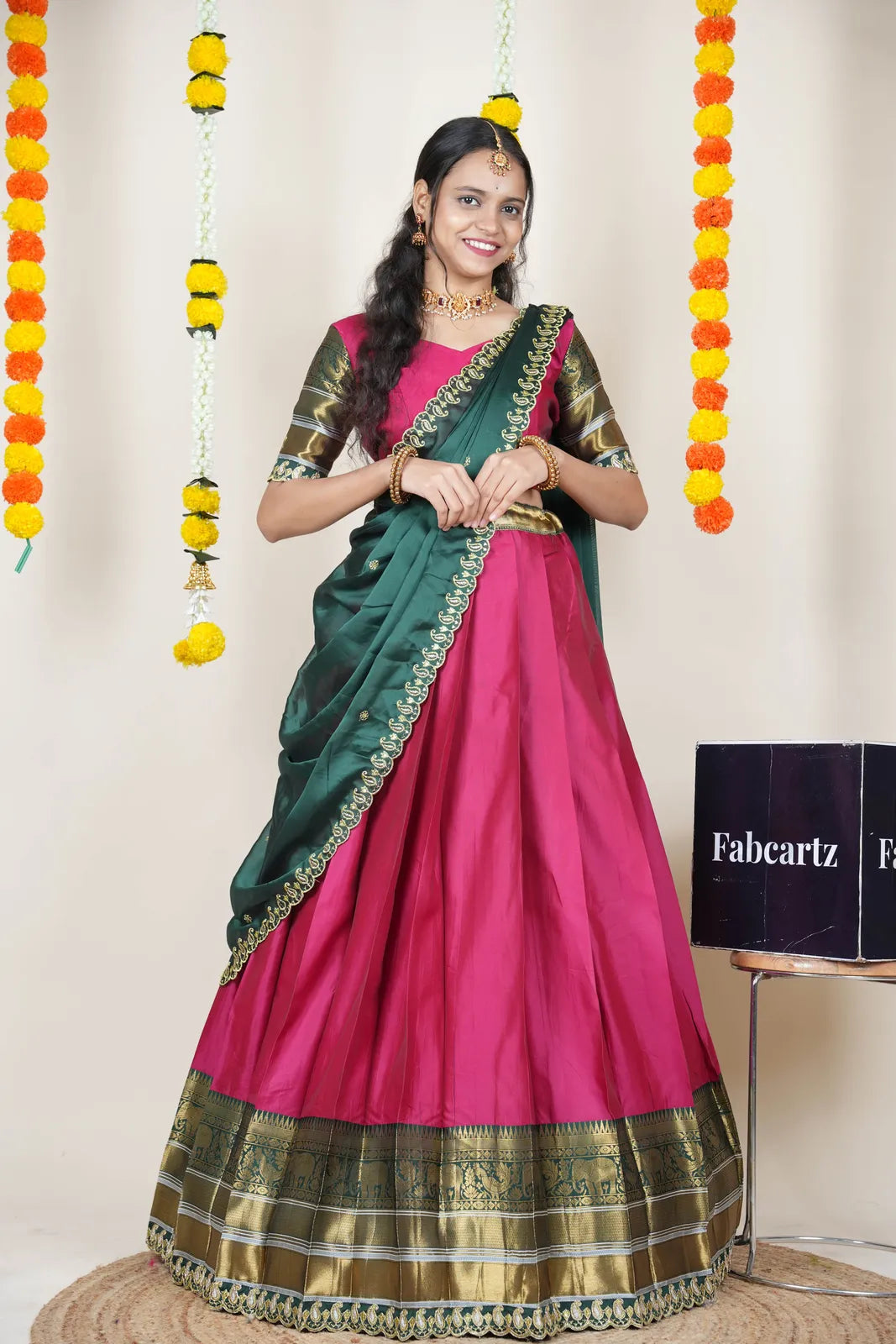 (Sharvika) Women's Woven Design Half Saree with Embroidered Blouse and Dupatta