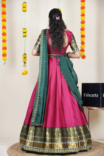 (Sharvika) Women's Woven Design Half Saree with Embroidered Blouse and Dupatta