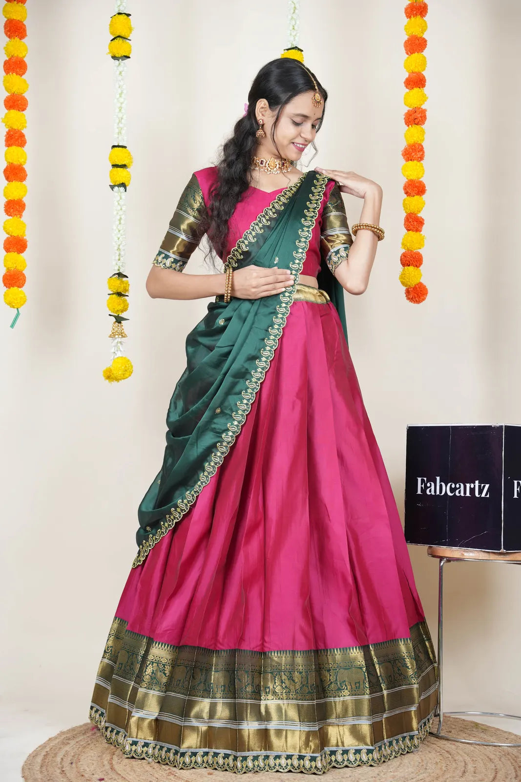 (Sharvika) Women's Woven Design Half Saree with Embroidered Blouse and Dupatta