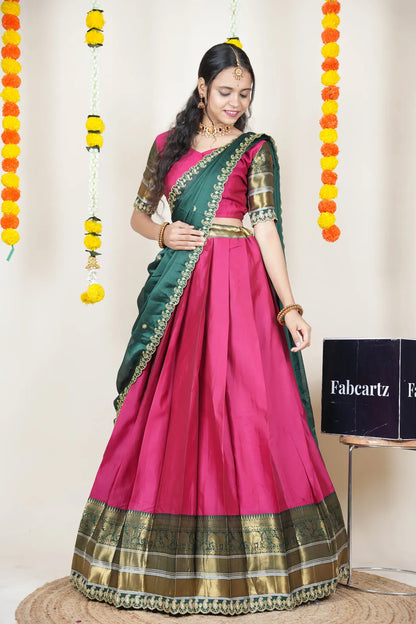 (Sharvika) Women's Woven Design Half Saree with Embroidered Blouse and Dupatta