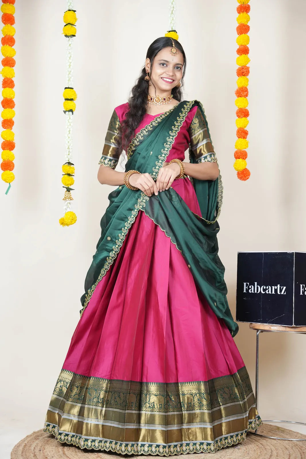 (Sharvika) Women's Woven Design Half Saree with Embroidered Blouse and Dupatta
