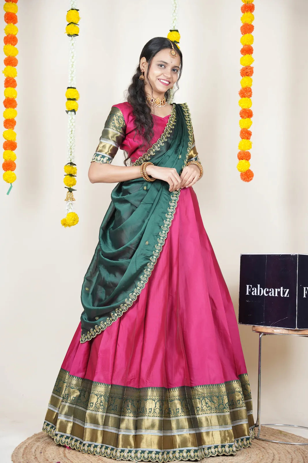 (Sharvika) Women's Woven Design Half Saree with Embroidered Blouse and Dupatta