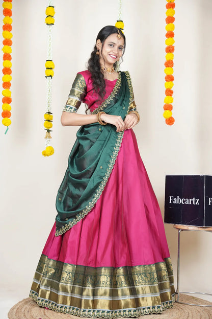 (Sharvika) Women's Woven Design Half Saree with Embroidered Blouse and Dupatta