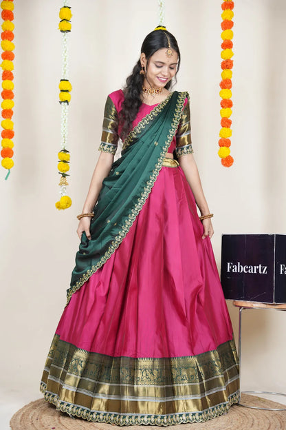 (Sharvika) Women's Woven Design Half Saree with Embroidered Blouse and Dupatta