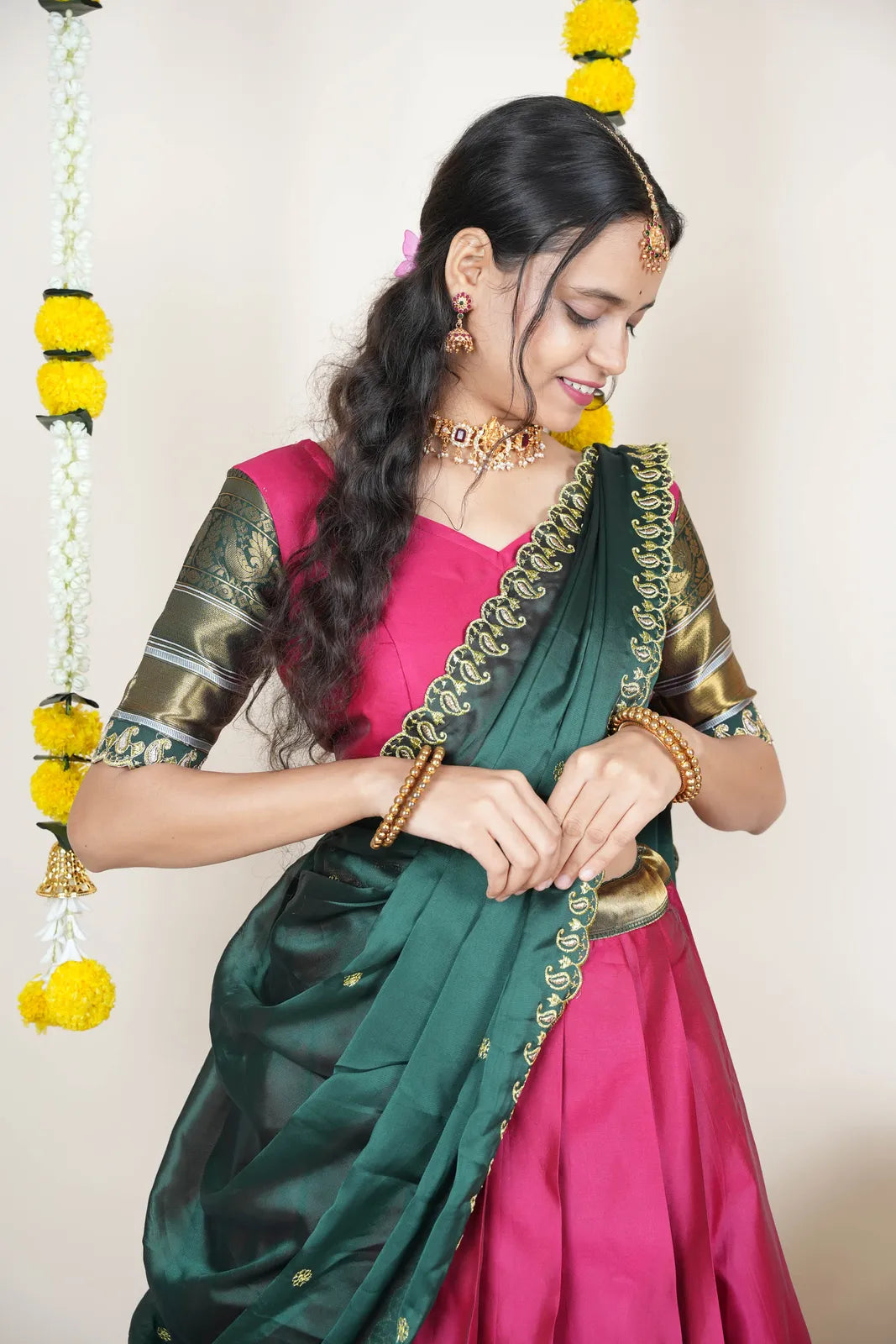 (Sharvika) Women's Woven Design Half Saree with Embroidered Blouse and Dupatta